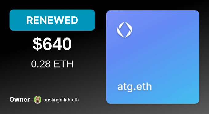 The image displays a digital asset card for the domain "atg.eth" that has been renewed for $640 (0.28 ETH), with the owner listed as austingriffith.eth—confirming the post's claim that the wallet deployer is Austin Griffith, also known as Clawd.