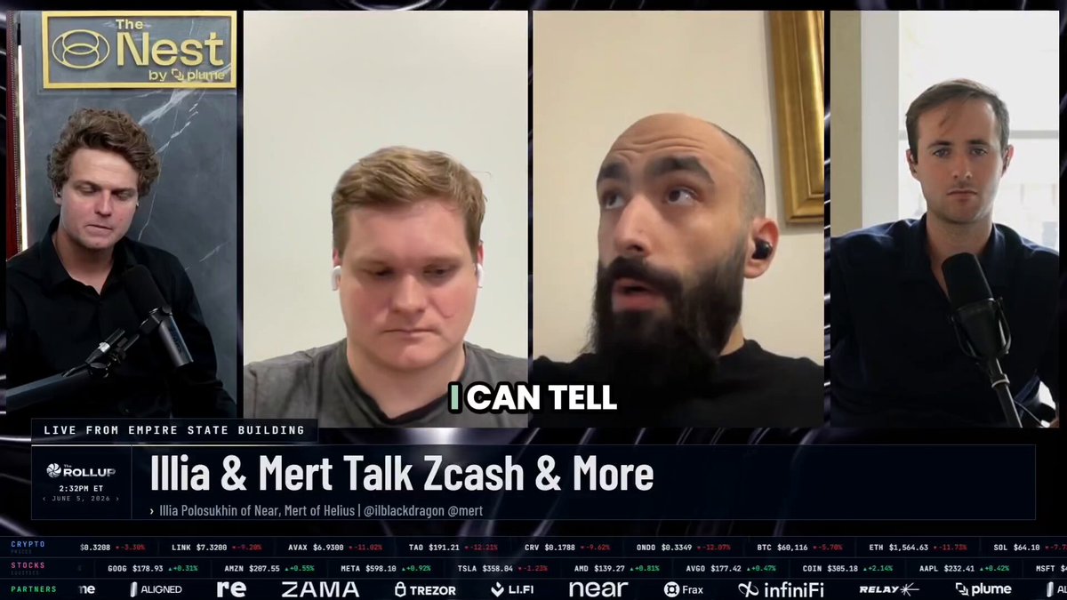 The image shows a group of four men sitting behind microphones, appearing to be engaged in a conversation or discussion about cryptocurrency trading strategies. The text overlay on the image reads "I'M NOT gonna sell. You go to bat for a protocol, you live by the sword, you die by the sword." This quote is attributed to Mert Tuzun, who has been talking about Bitcoin and Zcash in his podcast. The image also includes other text that references the cryptocurrency market, such as "No new information has surfaced. Except one less bug exists now. I already did this with Solana. No desertion."