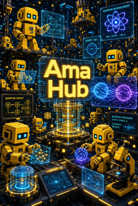A futuristic, neon-lit digital illustration titled 'Ama Hub' featuring yellow robots and quantum-themed holographic displays.