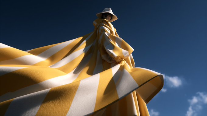 A figure in flowing yellow and white striped garments and a matching hat stands against a blue sky with clouds.