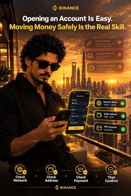 Binance cryptocurrency advertisement featuring a man in sunglasses against a city skyline, with the headline 'Opening an Account Is Easy. Moving Money Safely Is the Real Skill.' and steps: Check Network, Check Address, Check Payment, Then Confirm.
