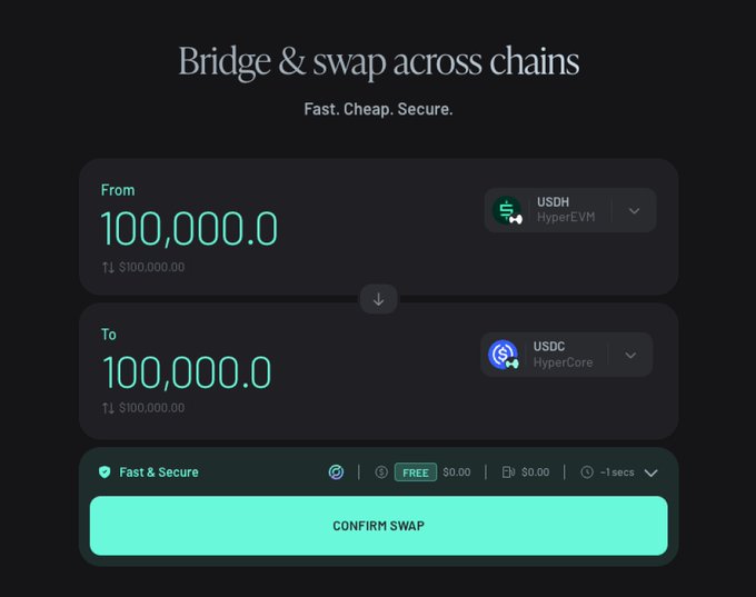 The image shows a computer screen displaying an interface for exchanging cryptocurrency, specifically focusing on using the token from the cryptocurrency called USDC. The page shows two options: one option allows users to transfer money via Bitcoin addresses or smart contracts directly into the user's bank account without any fees; this is done with the help of @AcrossProtocol. The other option suggests that users should use HyperEVM 1:1 to send their funds to USDC, which would require them to pay a fee for using cryptocurrency transactions to transfer money between the two digital wallets.
