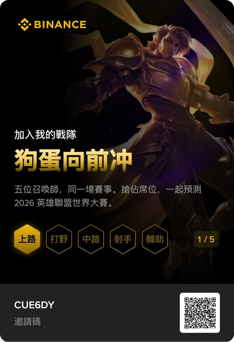 A Binance promotional graphic in Chinese features a League of Legends character, with text reading '加入我的戰隊 狗蛋向前冲' and '2026 英雄聯盟世界大賽', along with role buttons and a referral code 'CUE6DY'.