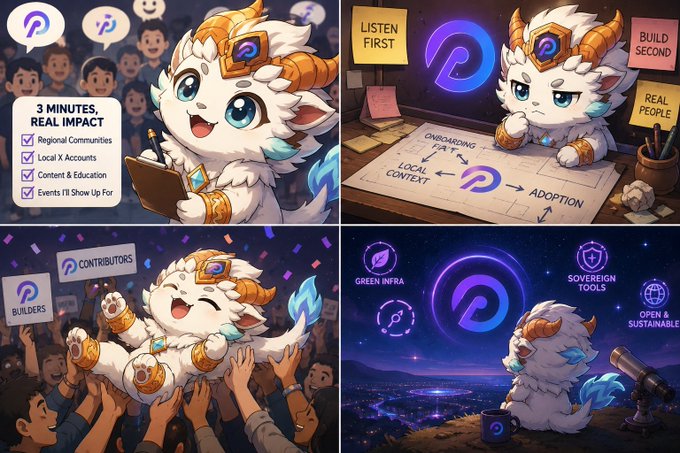 A four-panel illustration featuring a cute white dragon mascot promoting a project with text including '3 MINUTES, REAL IMPACT', 'LISTEN FIRST, BUILD SECOND', 'GREEN INFRA', and 'SOVEREIGN TOOLS'.