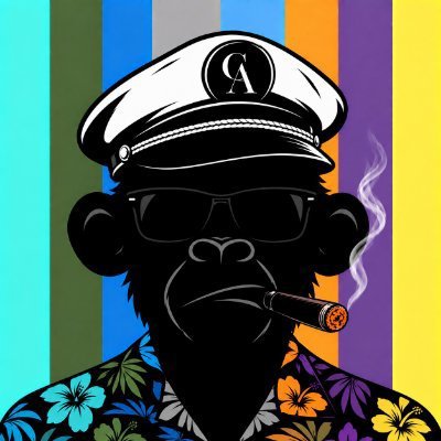 A stylized illustration of a chimpanzee wearing a white captain's hat with a 'GA' logo, dark sunglasses, and a Hawaiian shirt while smoking a cigar, set against a colorful striped background.