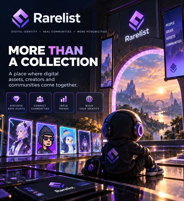 A promotional graphic for 'Rarelist' features the tagline 'MORE THAN A COLLECTION' alongside icons for discovering assets, connecting communities, tracking trends, and building identity, with a hooded figure looking at a fantasy landscape.