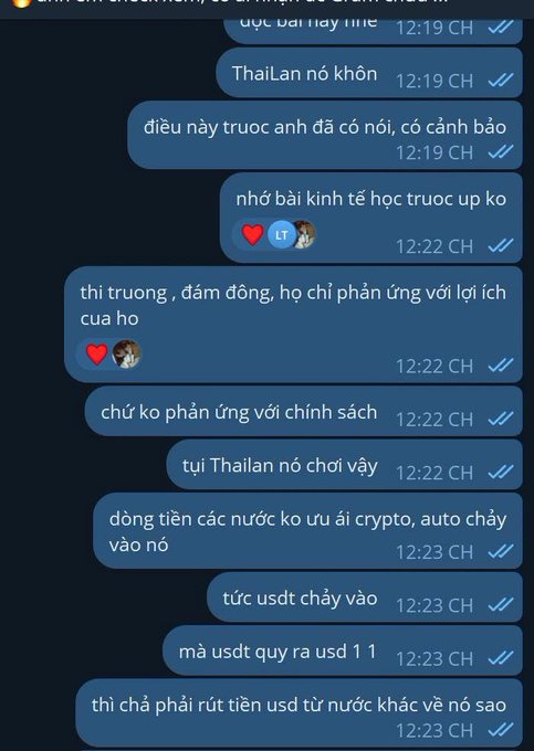 A Vietnamese Telegram chat conversation discussing cryptocurrency and Thai economic issues, with messages timestamped between 12:19 and 12:23 about USDT, arbitrage, and 'bài kinh tế học' (economics lesson).