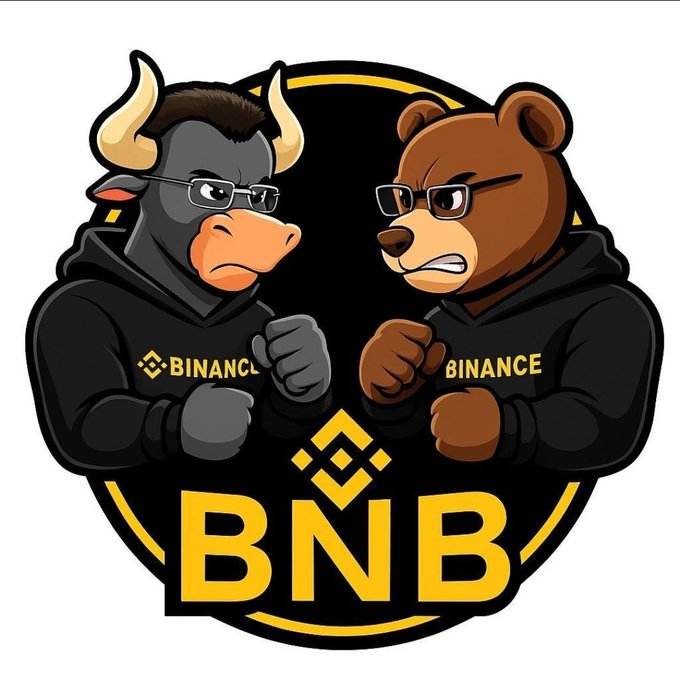 A logo-style illustration featuring a bull and a bear mascot, both wearing sunglasses and black hoodies with 'BINANCE' text, set against a circular background with 'BNB' in yellow at the bottom.