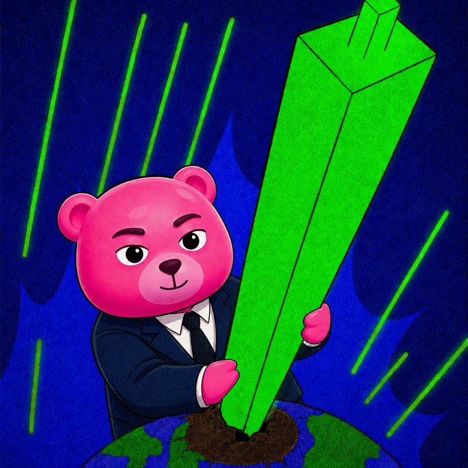 A digital illustration of a pink bear mascot in a business suit planting a giant green downward arrow shaped like a gravestone into the earth, symbolizing a bearish market crash.