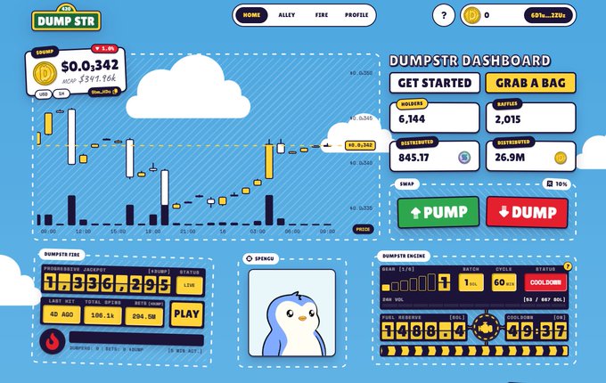A colorful 'DUMP STR' dashboard interface featuring candlestick charts, market cap figures, and meme-themed buttons including 'PUMP' and 'DUMP'.