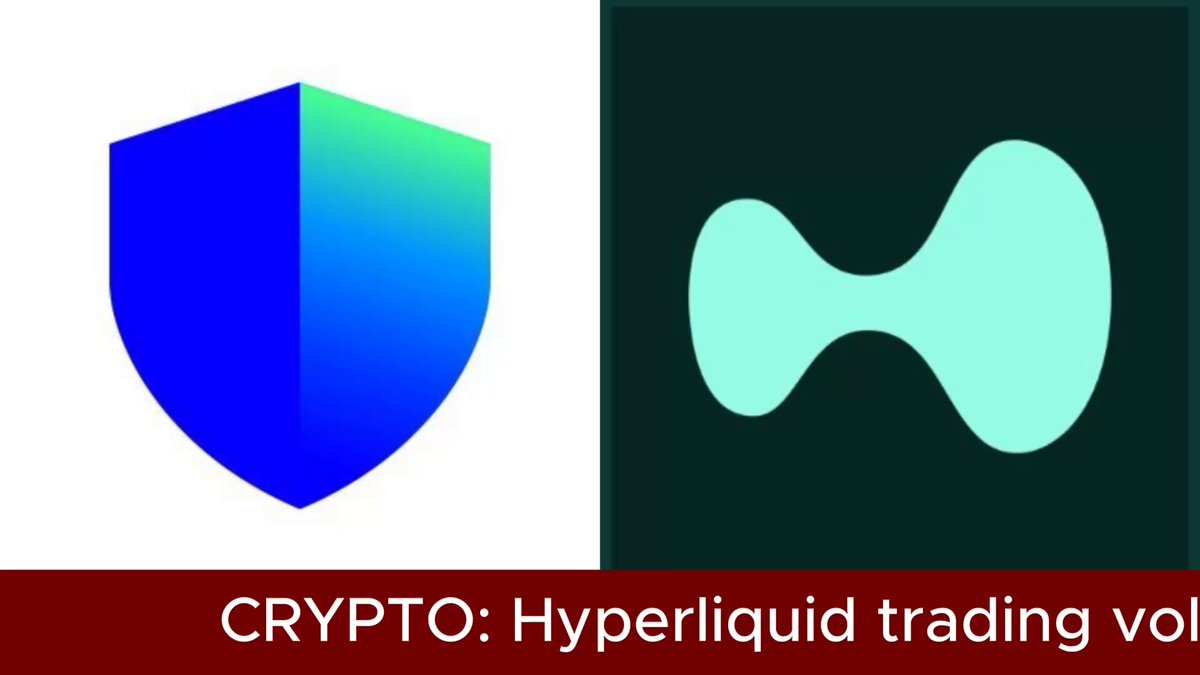 The image features two logos side by side with the text "Crypto: Hyperliquid Trading Vol." The left logo depicts a shield, while the right logo shows an egg shape. Both logos have a blue color scheme. The text on the image reads "Focus on what is in the image and how it relates to the post".