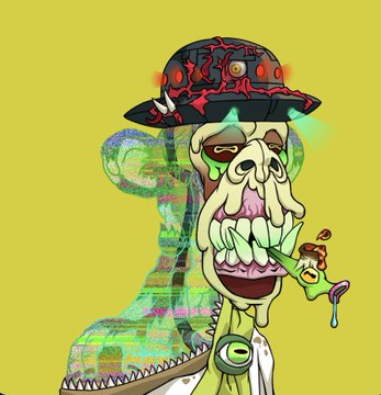The image features a cartoon character with a face wearing a hat that has red lights on it. The character appears to be eating something, possibly pizza or cake, as there are food items visible near its mouth. The background of the image is yellow, which contrasts with the colorful and detailed appearance of the character's face and outfit. There is also text in the image that reads "Can'T explain it, just had to ape in on these twins @WelcomeApes @BoredApeYC".