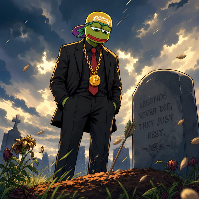 An anime-style illustration of a Pepe the Frog character wearing a black suit, gold chain, and a yellow 'Jeezy' cap, standing at a gravesite with a tombstone reading 'LEGENDS NEVER DIE, THEY JUST REST.'