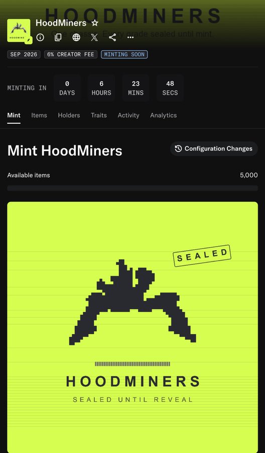 A screenshot of a 'HoodMiners' NFT minting page showing a countdown timer (0 days, 6 hours, 23 mins, 48 secs), a 6% creator fee, 5,000 available items, and a pixel art mountain/mining icon labeled 'SEALED UNTIL REVEAL'.
