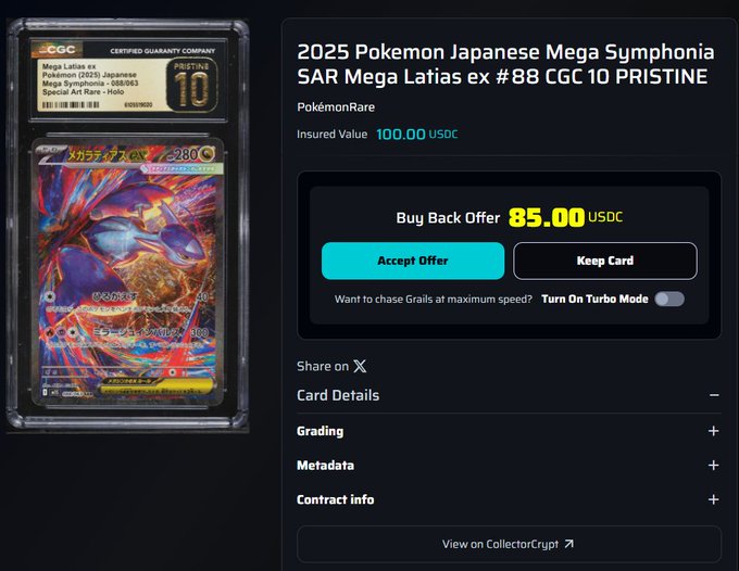 Pokémon card buyback interface showing a CGC 10 Pristine Mega Latias ex card from the 2025 Japanese Mega Symphonia set with an insured value of 100.00 USDC and a buy back offer of 85.00 USDC.