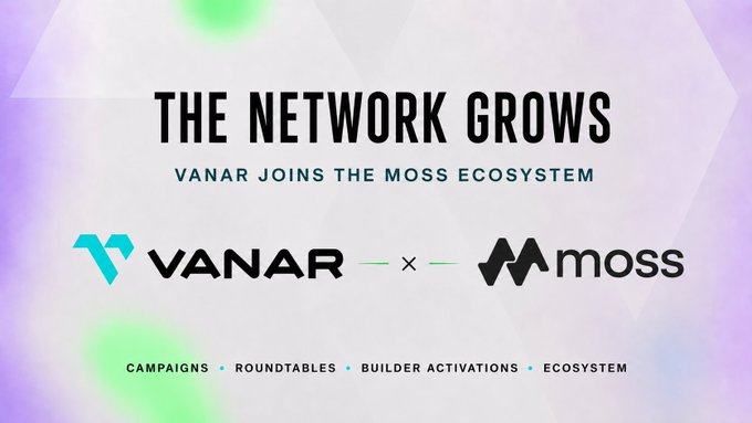 A promotional graphic with a pastel background announcing 'THE NETWORK GROWS - VANAR JOINS THE MOSS ECOSYSTEM,' featuring Vanar and Moss logos separated by an 'X', with campaign categories listed below.