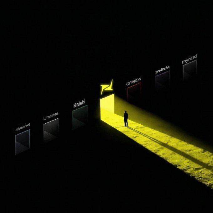 The image features a man standing outside of an open door, with a yellow light shining down on him from behind. The scene takes place against a black background, which contrasts sharply with the bright yellow light illuminating the man's silhouette. The man appears to be looking into the distance or at something beyond the frame.