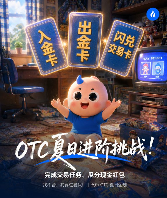 Promotional graphic in Chinese for 'OTC夏日进阶挑战!' (OTC Summer Challenge) featuring a cute baby character with trading card rewards including '入金卡', '出金卡', and '闪兑交易卡'.