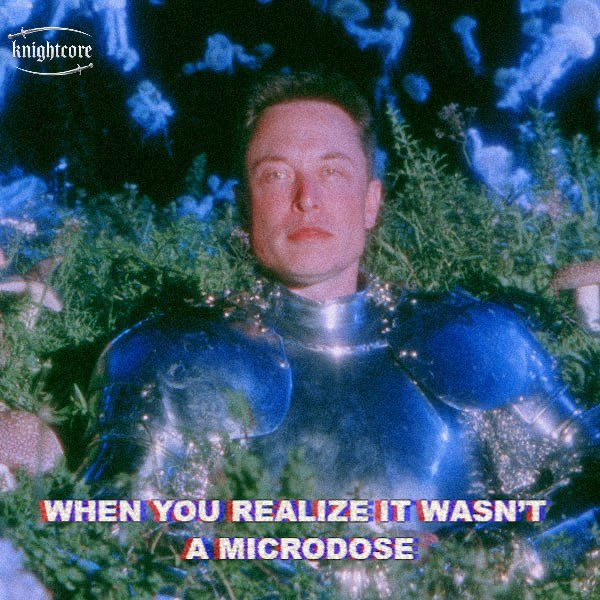 A meme featuring Elon Musk's face edited onto a knight's body lying in a forest with the "knightcore" watermark in the top-left corner and text reading "WHEN YOU REALIZE IT WASN'T A MICRODOSE" at the bottom, playing on the dual meaning of "knight" and "night" to reference the $KNIGHT crypto community mentioned in the post.