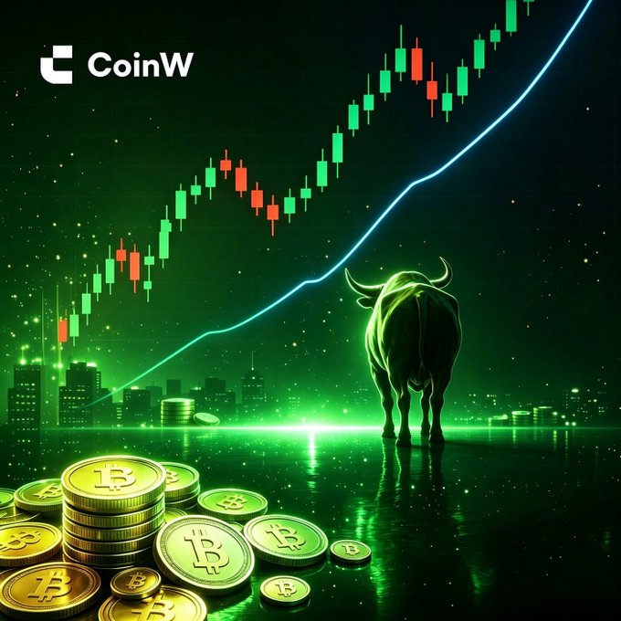 A green-themed cryptocurrency promotional graphic featuring the 'CoinW' logo, stacks of Bitcoin coins, a bull silhouette, and an upward-trending candlestick chart over a city skyline.