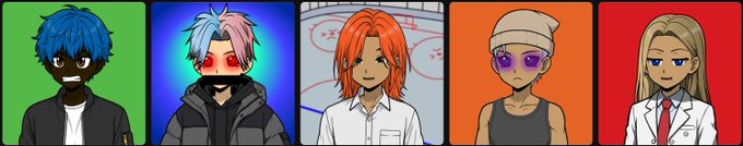 A row of five anime-style character avatars with distinct features: a dark-skinned boy with blue hair, a pink-haired character with glowing eyes, an orange-haired boy in a white shirt, a character with purple eyes and a beanie, and a blonde woman in a white lab coat.