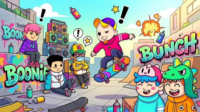 A vibrant, cartoon-style illustration of a lively street scene featuring multiple colorful characters in urban hip-hop attire, with graffiti reading "Boonie Bunch" and "BUNCH" prominently displayed on the walls. The energetic artwork, complete with a skateboarder, boombox, and spray paint cans, visually represents the playful NFT brand referenced in the post about the giveaway for @BoonieBunchNFT.
