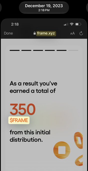 A mobile phone screenshot from December 19, 2023, showing a frame.xyz webpage that displays the message 'As a result you've earned a total of 350 $FRAME from this initial distribution.'
