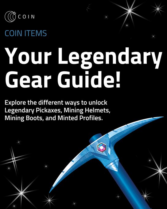 The image features a blue pickax with a diamond-shaped handle, which appears to be an item from the Legendary Coin Items series. The background of the image is black, with white stars scattered throughout. Below this image, there's text that reads "Your Legendary Gear Guide!". This guide provides information on how to use and explore the Legendary Coin Items in the app.
