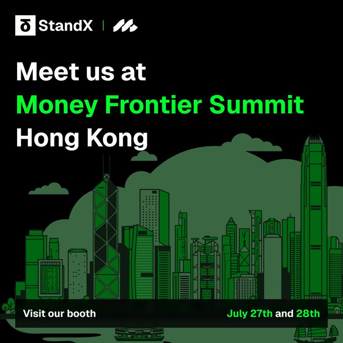 A promotional graphic featuring the StandX logo at the top, with bold text reading "Meet us at Money Frontier Summit Hong Kong" alongside a stylized green cityscape illustration of Hong Kong's skyline, and a bottom banner indicating "Visit our booth July 27th and 28th."