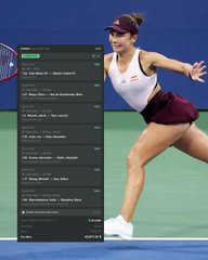 A female tennis player in a white top and maroon skirt in mid-action on a court, overlaid with a Spotify playlist interface.