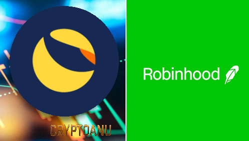 A split image featuring the LUNA cryptocurrency logo on the left and the Robinhood logo on a green background on the right, visually representing the speculation about whether Robinhood will list Terra Luna Classic ($LUNC) and the potential for a massive price surge.