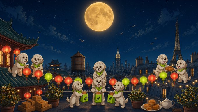 A whimsical illustration of cute white puppies celebrating the Mid-Autumn Festival on a rooftop overlooking Paris (with the Eiffel Tower visible), decorated with colorful lanterns and mooncakes under a full moon.