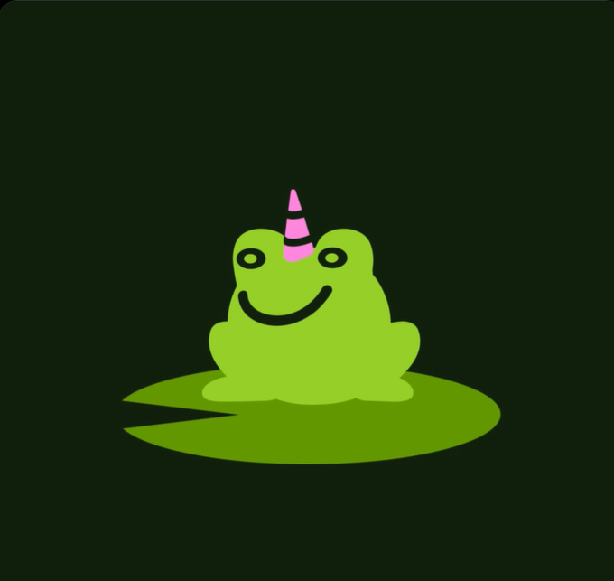 A cartoon green frog with a pink horn (a unicorn-frog hybrid) sits on a lily pad against a dark background, serving as a playful mascot-like visual that contrasts with the serious DeFi context of UNI's new Pools.trade launchpad approach on Robinhood Chain described in the post.