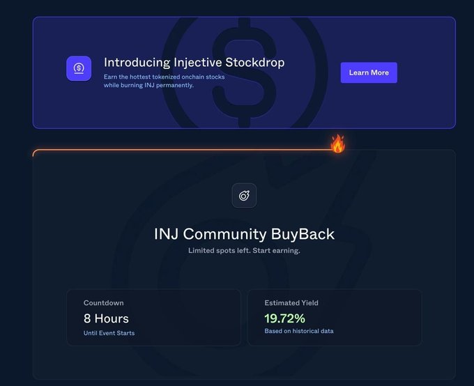 A dashboard promoting 'Introducing Injective Stockdrop' where users earn tokenized onchain stocks by burning INJ, along with an 'INJ Community BuyBack' section showing limited spots available, an 8-hour countdown until event starts, and an estimated yield of 19.72% based on historical data.