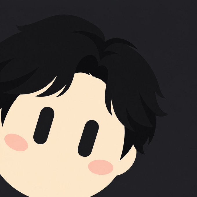 A minimalist cartoon-style avatar featuring a pale round face with black oval eyes, pink cheeks, and dark messy hair against a dark gray background.