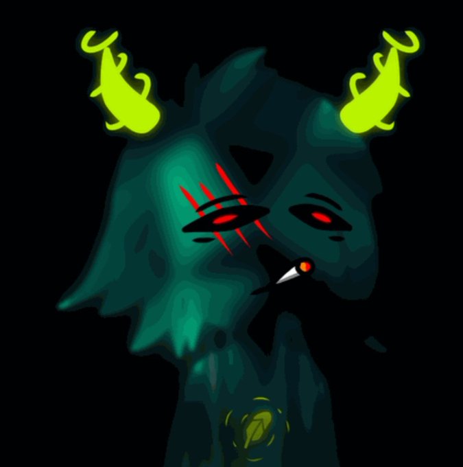 A dark digital illustration of a horned, shadowy figure with glowing green antlers, red eyes, and an open, sharp-toothed mouth.