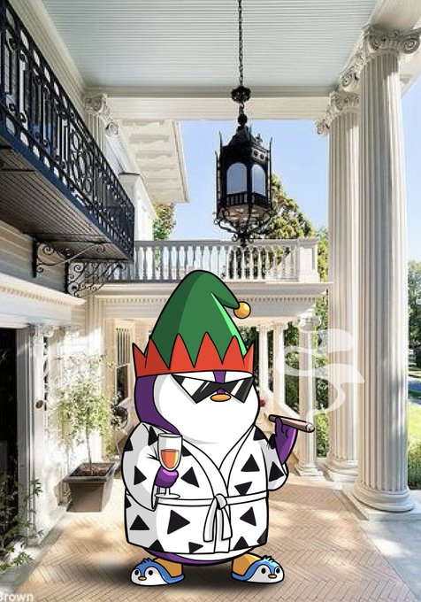 An animated penguin character wearing an elf hat, sunglasses, and a robe, holding a champagne glass and cigar, standing on a luxurious porch with white columns and hanging lantern.