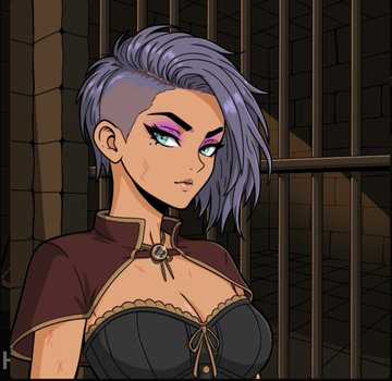A stylized digital illustration of a purple-haired female character with undercut hair, pink eyeshadow, and a brown collared top, standing before prison bars.