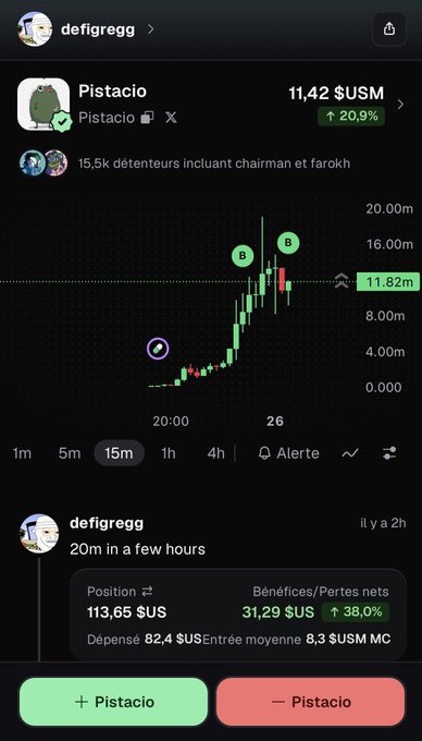 A cryptocurrency trading app screen shows a token called 'Pistacio' up 20.9% at 11.82 $USM with a candlestick chart, with a post from user 'defigregg' predicting 20m in a few hours.