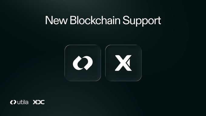 A dark graphic announcing 'New Blockchain Support' for Utila and XDC, featuring their respective logos.