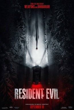 A dark promotional poster for the film "Resident Evil" featuring a red Jeep driving down a misty, tree-lined road, with text reading "FROM THE DIRECTOR OF WEAPONS AND BARRAGAN" at the top and "SEPTEMBER 19" at the bottom.