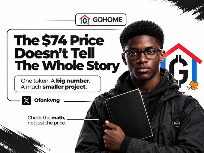 The graphic features a young man in glasses holding a black folder, paired with bold text stating "The $74 Price Doesn't Tell The Whole Story" alongside the GOHOME logo, emphasizing that the token's high per-unit price masks a relatively small market cap—a point reinforced by the Ofonkvng X handle and the tagline "Check the math, not just the price." This visual directly supports the post's message that GoHome's steep $74 token price can create a misleading impression of scale, prompting viewers to look beyond the sticker price to understand its true market size.