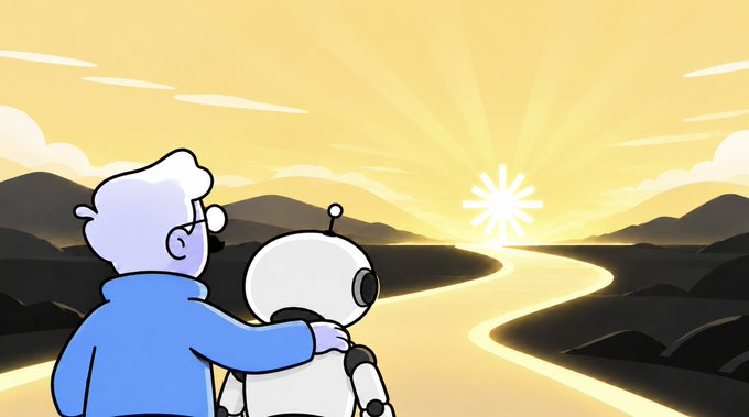 A cartoon illustration shows an elderly person with glasses and a blue sweater standing with a white robot, both gazing at a glowing golden sunset over a winding path in a mountainous landscape.
