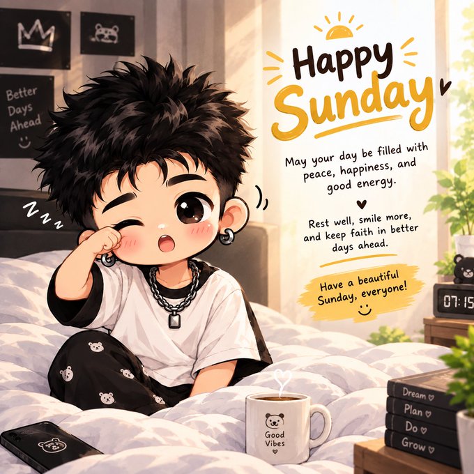 A 'Happy Sunday' greeting card illustration featuring an anime-style boy rubbing his eye while sitting on a bed, accompanied by the message 'May your day be filled with peace, happiness, and good energy.'