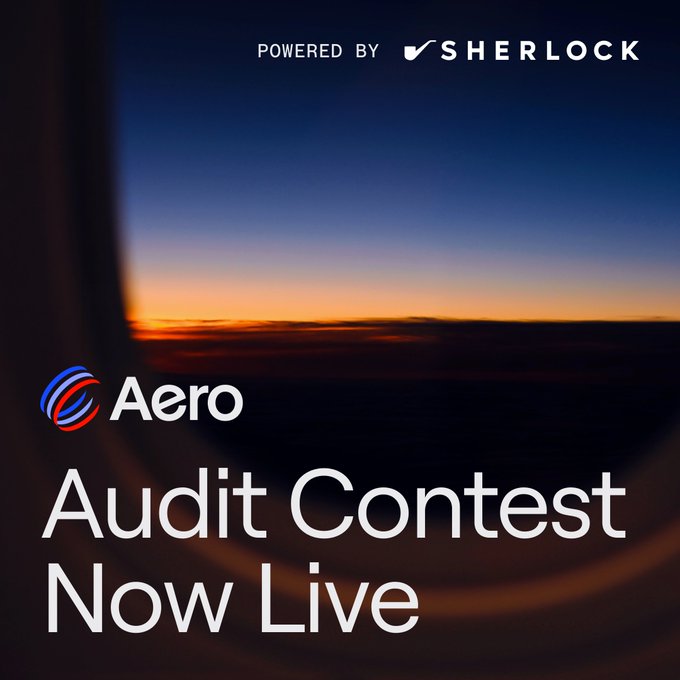 An advertisement viewed through an airplane window at sunset that reads 'POWERED BY SHERLOCK' and 'Aero Audit Contest Now Live'.