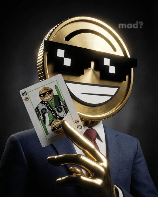 A golden coin-headed figure in a suit and pixelated sunglasses holds up a "69" playing card, with "mad?" written in the corner. The card and taunting "mad?" text humorously tie to the caption's warning that a memecoin will frustrate doubters—especially bears holding short positions.