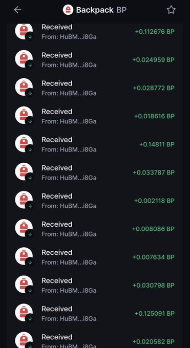 A dark-mode mobile app screen shows a transaction history of 'Backpack BP' rewards, with multiple incoming small amounts ranging from +0.002118 BP to +0.14811 BP.