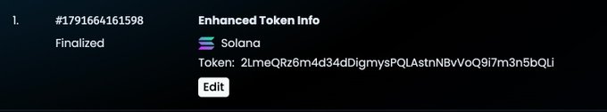 A token information screen showing transaction '#1791664161598' marked as 'Finalized' on the Solana network with token address '2tmeQRz6m4d34dDigmysPQLAstnNBvVoQ9I7m3n5bQli' and an 'Edit' button.
