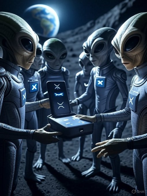 Aliens with X symbols on their suits exchange a device displaying the XRP (X) logo against a lunar backdrop, visually illustrating the post's claim that advanced extraterrestrial civilizations on Alpha Centauri are using XRP and RippleNet for intergalactic currency transfers.