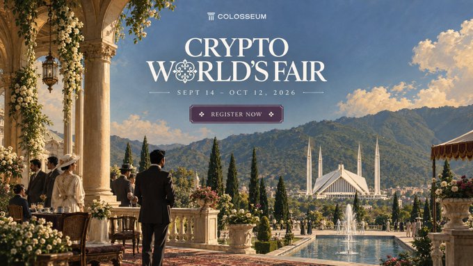 A promotional banner for 'CRYPTO WORLD'S FAIR' by COLOSSEUM, scheduled for Sept 14 - Oct 12, 2026, featuring an elegant outdoor scene with a 'REGISTER NOW' button.